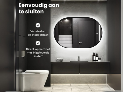 Lumaro LED Badkamerspiegel - 90x50cm Ovaal - Zwart Frame - Anti-condens - Drie dimbare lichtstanden