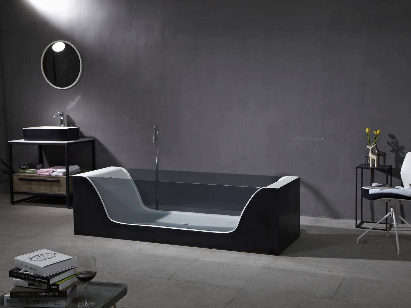 Vrijstaand bad - Solid surface - Donker glas - Dale Mat wit, Mat zwart - 200x65x56cm