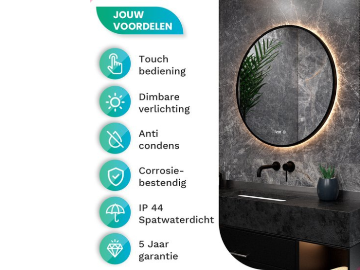 Noira LED Badkamerspiegel - 80cm - Zwart Frame - Anti-condens - Drie dimbare lichtstanden