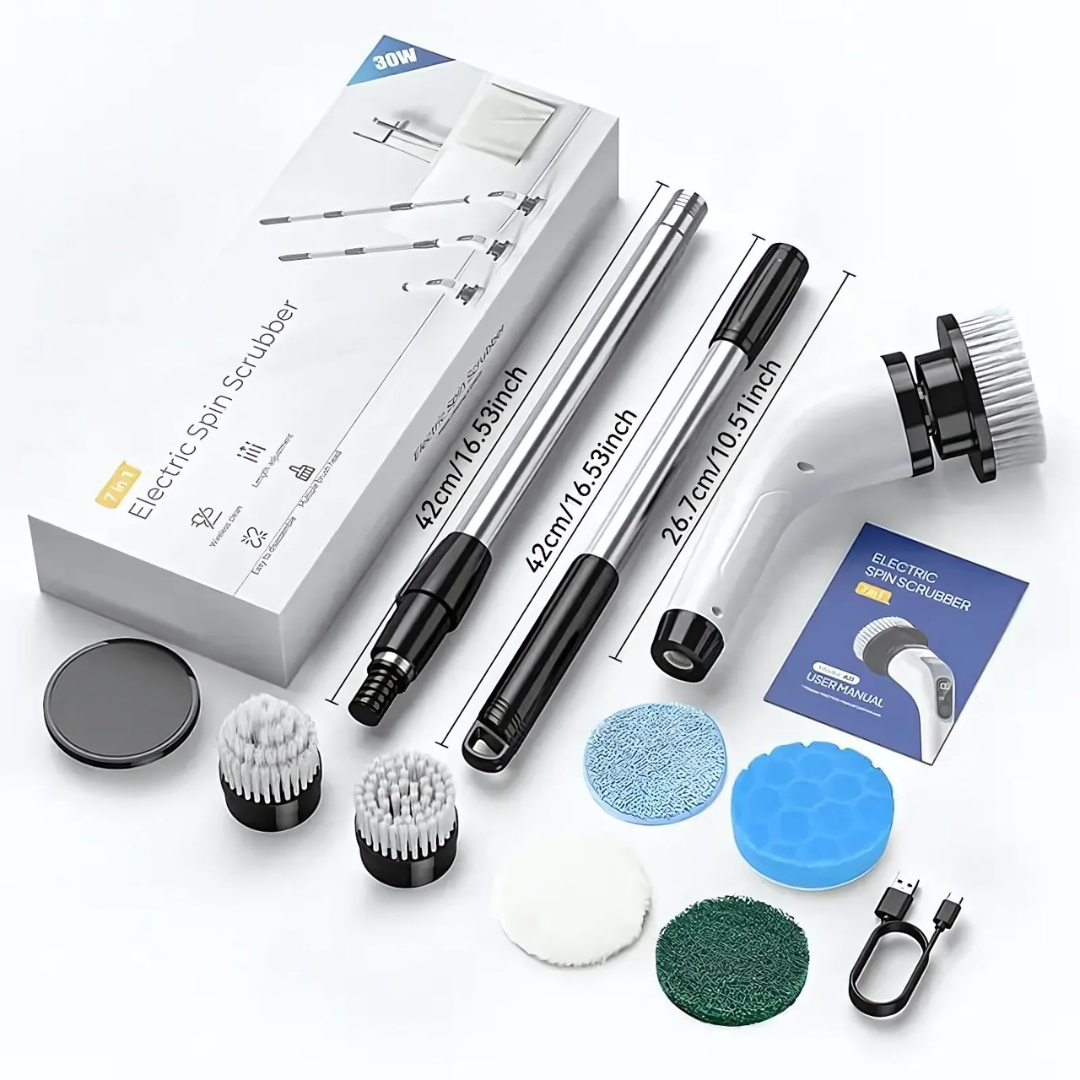 HomeEase® Elektrische Spin Scrubber Set - LED Display - Vervangbare Borstelkoppen, LED Display - Afneembare Lange Handgreep