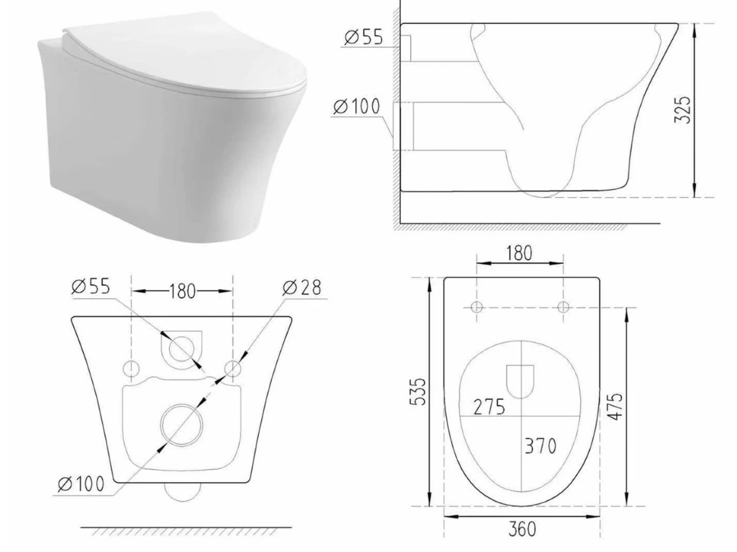 Hangend rimless toilet - Hawaii Glans wit - 53x37x36cm