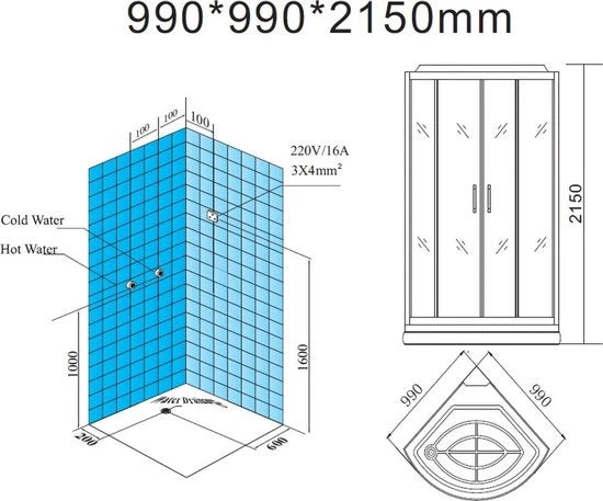 Stoomcabine - Borah Glans wit, Grijs - 99x99x215cm  € 3.299,95