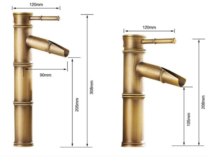 Bamboo Wastafelkraan - Waterval uitloop - Standaard hoogte - Antiek Brons
