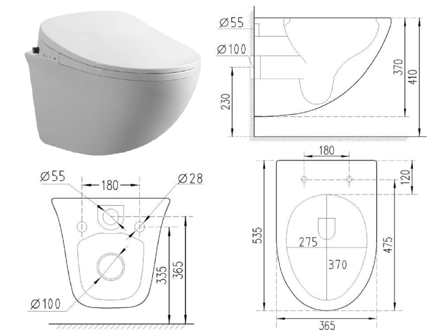 Hangend rimless toilet - Bidet - Nevada Glans wit - 54x36x36cm