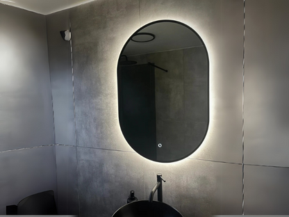 Lumaro LED Badkamerspiegel - 90x50cm Ovaal - Zwart Frame - Anti-condens - Drie dimbare lichtstanden