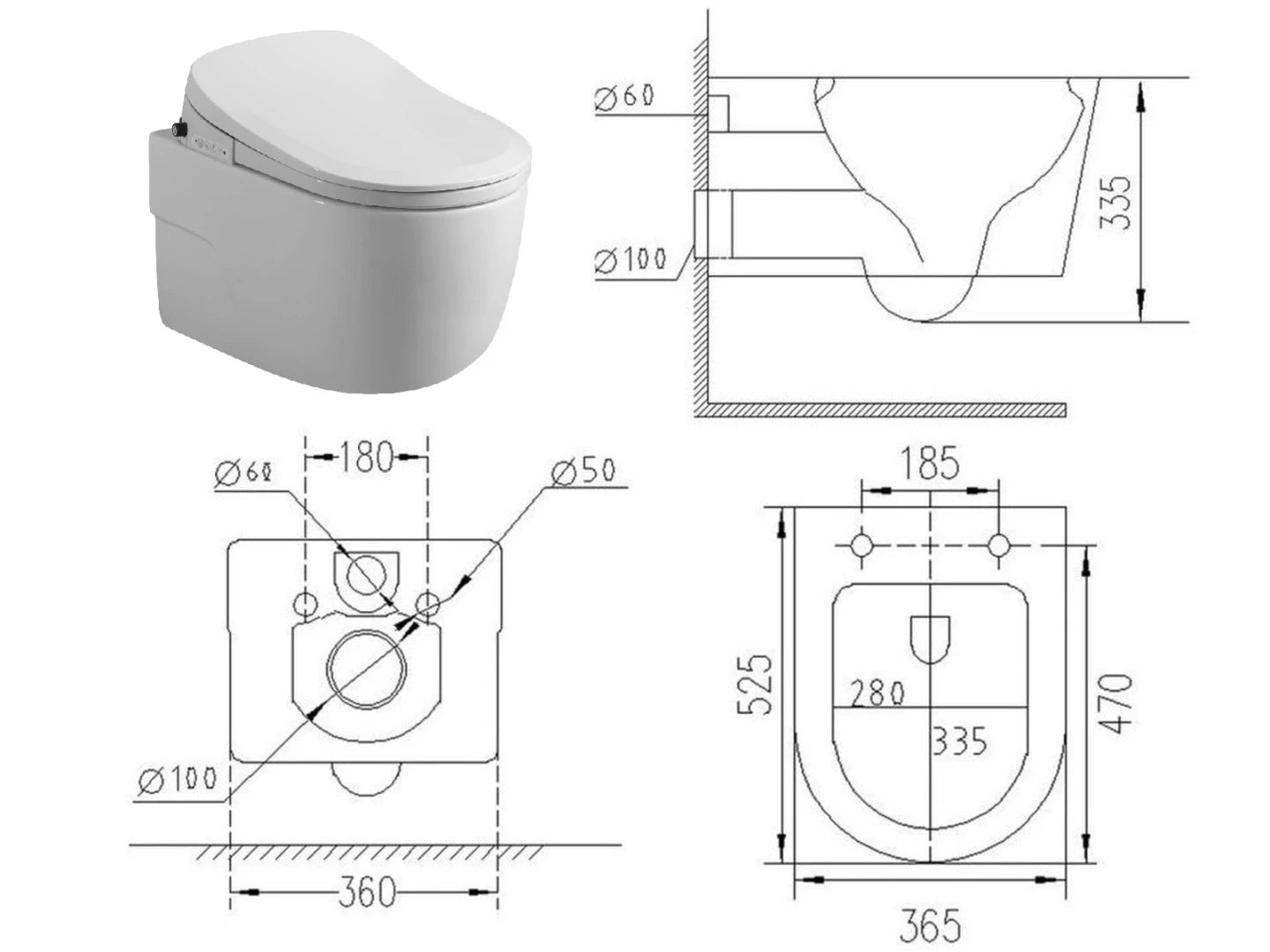 Hangend rimless toilet - Bidet - Texas Glans wit - 53x37x36cm