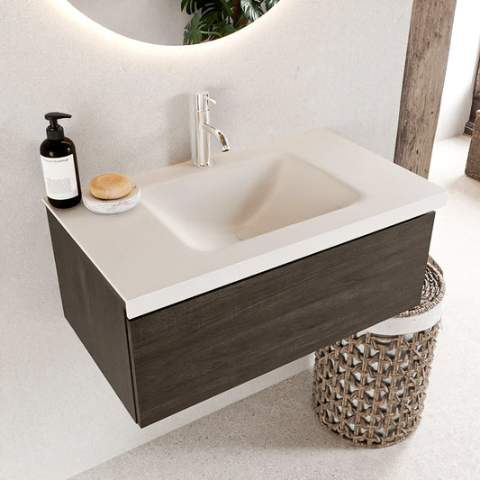 MONDIAZ BUKLA 80cm badmeubel modulair kleur Dark Brown met 1 lade. Wastafel CLOUD midden 1 kraangat kleur Talc.