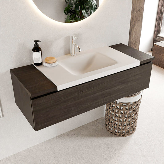 MONDIAZ BUKLA 120cm badmeubel onderkast kleur Dark Brown met 1 lade. Wastafel CLOUD midden 1 kraangat kleur Talc.