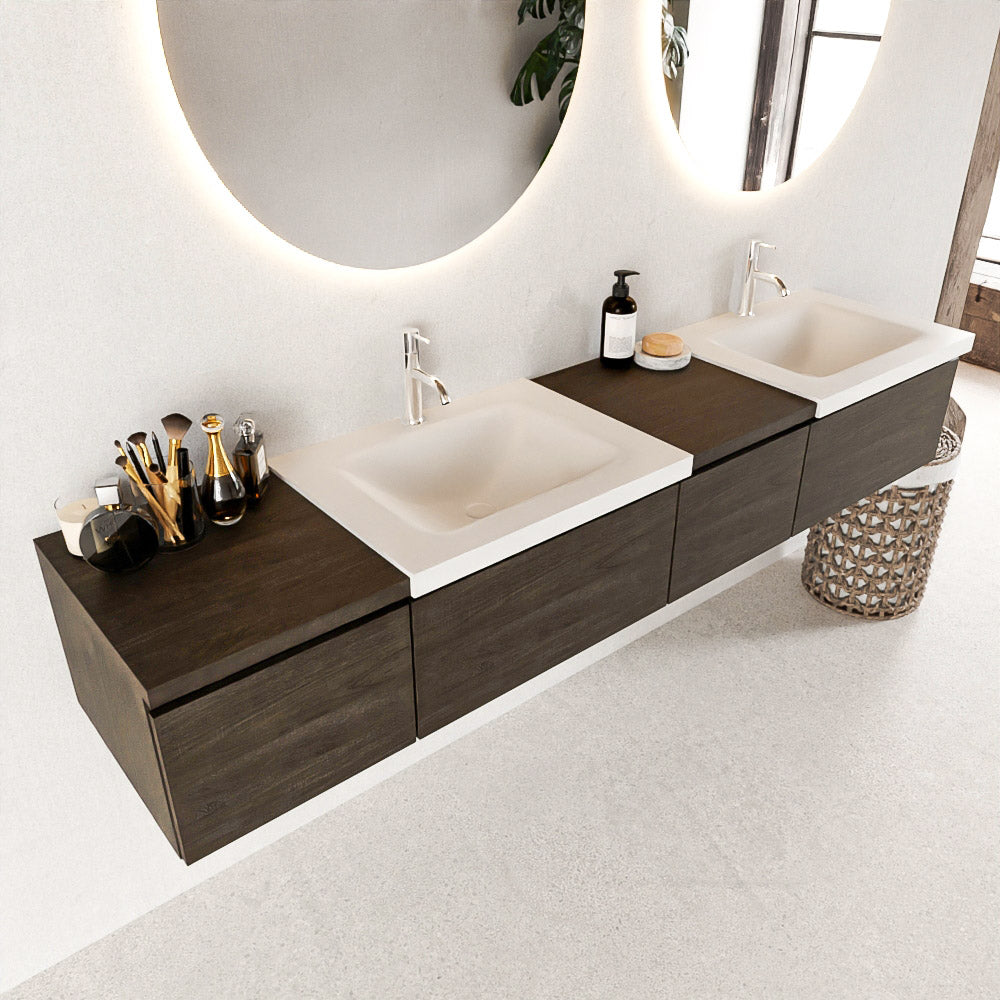 MONDIAZ BUKLA 200cm badmeubel met module 40 rechts kleur Dark Brown met 4 lades. Wastafel CLOUD dubbel 2 kraangaten kleur Talc.