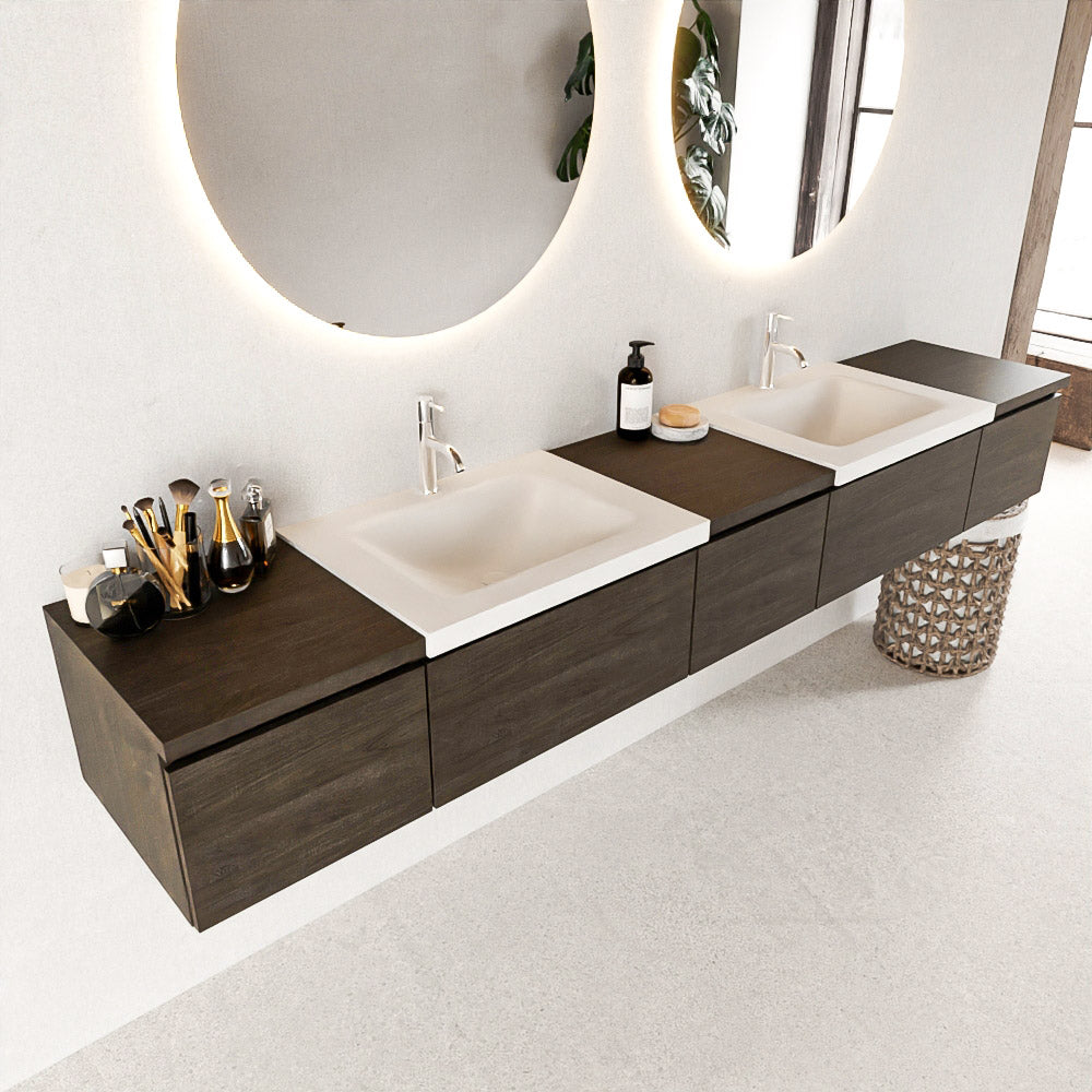 MONDIAZ BUKLA 240cm badmeubel met module 40 kleur Dark Brown met 5 lades. Wastafel CLOUD dubbel 2 kraangaten kleur Talc.