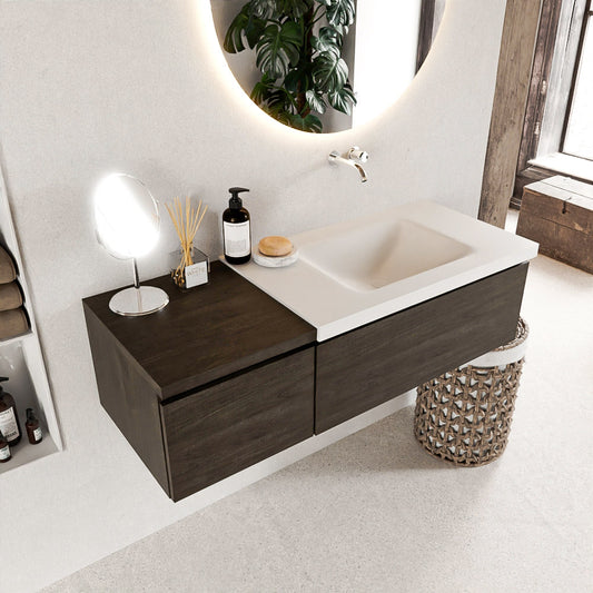 MONDIAZ BUKLA 120cm badmeubel met module 40 kleur Dark Brown met 2 lades. Wastafel CLOUD rechts 0 kraangaten kleur Talc.
