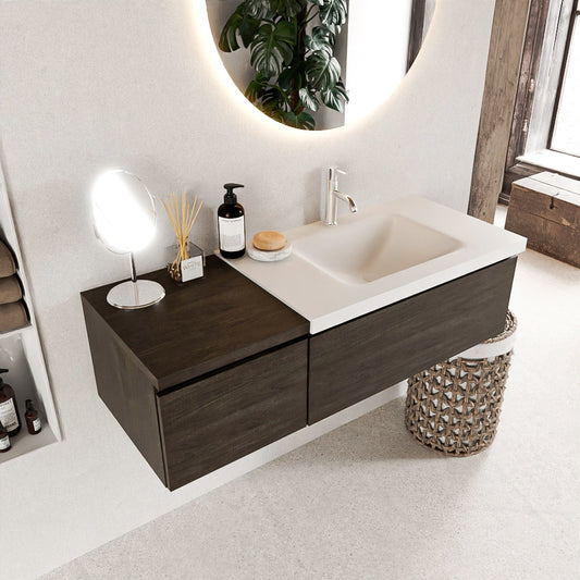 MONDIAZ BUKLA 120cm badmeubel met module 40 kleur Dark Brown met 2 lades. Wastafel CLOUD rechts 1 kraangat kleur Talc.