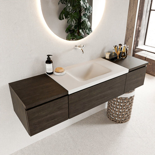 MONDIAZ BUKLA 160cm badmeubel met module 40 kleur Dark Brown met 3 lades. Wastafel CLOUD midden 0 kraangaten kleur Talc.