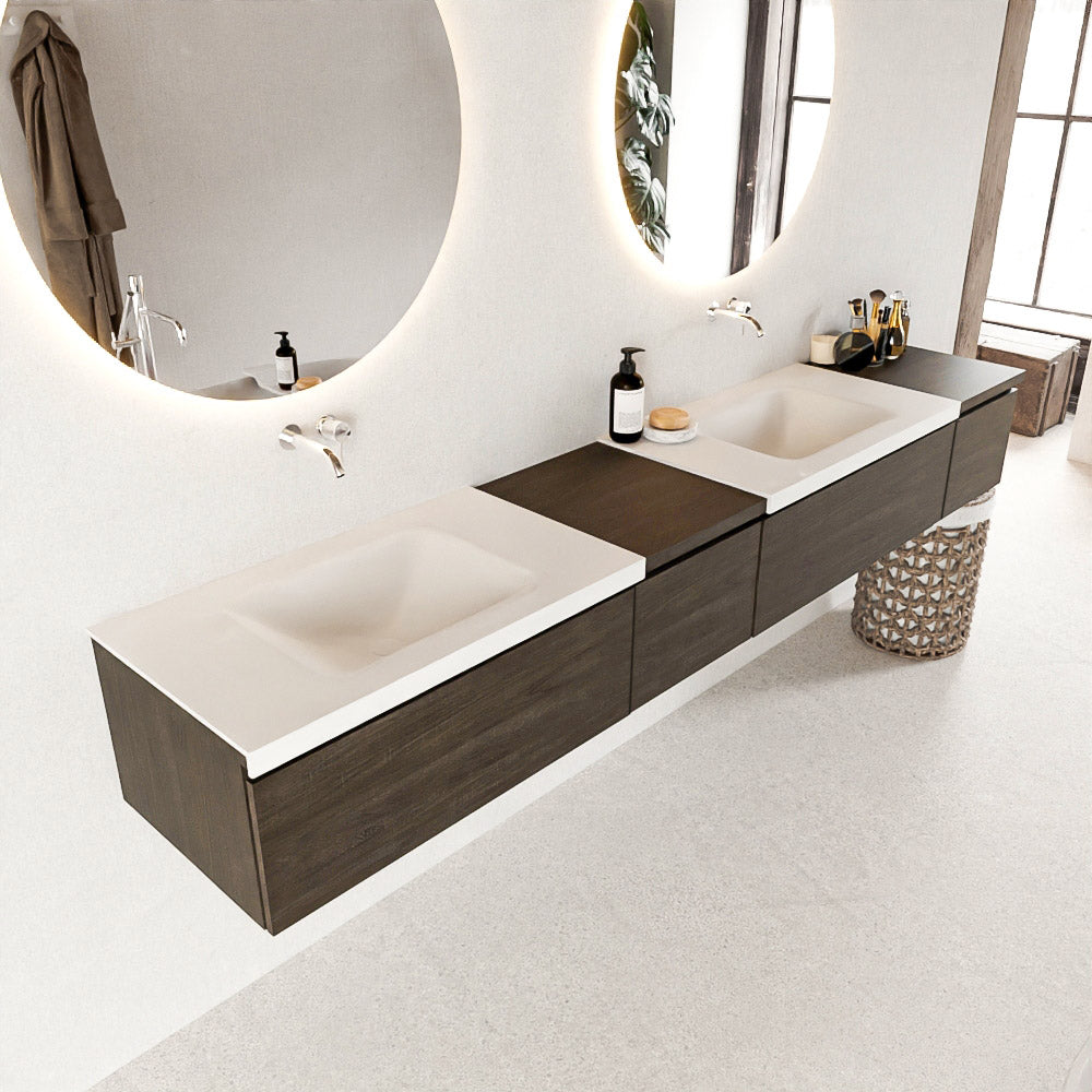 MONDIAZ BUKLA 240cm badmeubel met module 40 links kleur Dark Brown met 4 lades. Wastafel CLOUD dubbel 0 kraangaten kleur Talc.