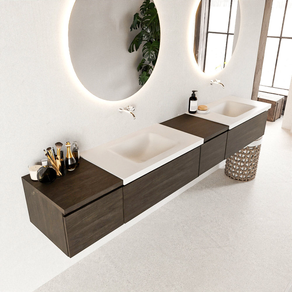 MONDIAZ BUKLA 240cm badmeubel met module 40 rechts kleur Dark Brown met 4 lades. Wastafel CLOUD dubbel 0 kraangaten kleur Talc.