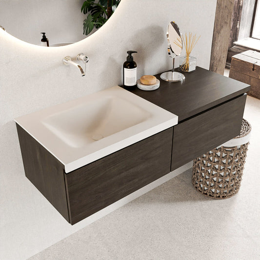 MONDIAZ BUKLA 120cm badmeubel met module 60 kleur Dark Brown met 2 lades. Wastafel CLOUD links 0 kraangaten kleur Talc.
