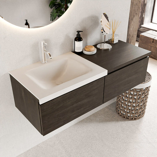 MONDIAZ BUKLA 120cm badmeubel met module 60 kleur Dark Brown met 2 lades. Wastafel CLOUD links 1 kraangat kleur Talc.
