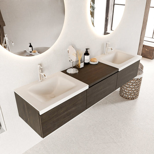 MONDIAZ BUKLA 180cm badmeubel met module 60 kleur Dark Brown met 3 lades. Wastafel CLOUD dubbel 2 kraangaten kleur Talc.