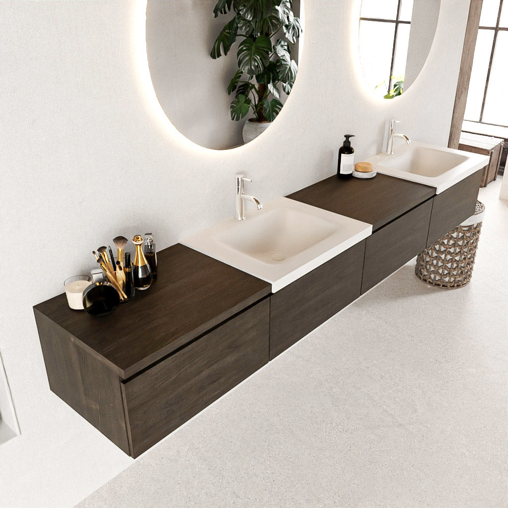 MONDIAZ BUKLA 240cm badmeubel met module 60 links kleur Dark Brown met 4 lades. Wastafel CLOUD dubbel 2 kraangaten kleur Talc.