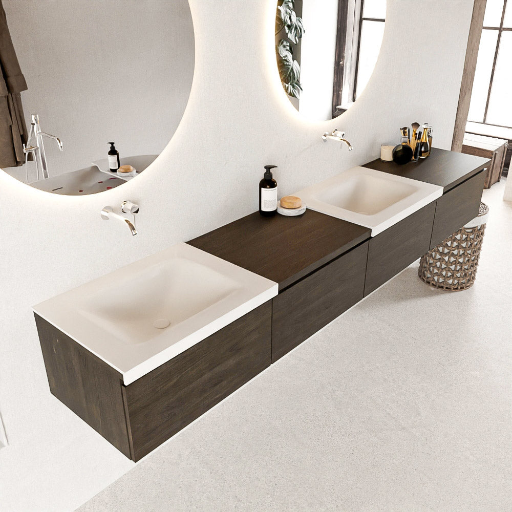 MONDIAZ BUKLA 240cm badmeubel met module 60 rechts kleur Dark Brown met 4 lades. Wastafel CLOUD dubbel 0 kraangaten kleur Talc.
