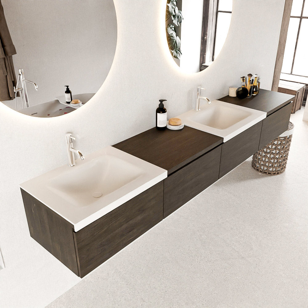 MONDIAZ BUKLA 240cm badmeubel met module 60 rechts kleur Dark Brown met 4 lades. Wastafel CLOUD dubbel 2 kraangaten kleur Talc.