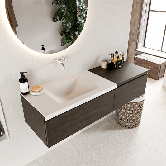MONDIAZ BUKLA 140cm badmeubel met module 60 kleur Dark Brown met 2 lades. Wastafel CLOUD links 0 kraangaten kleur Talc.