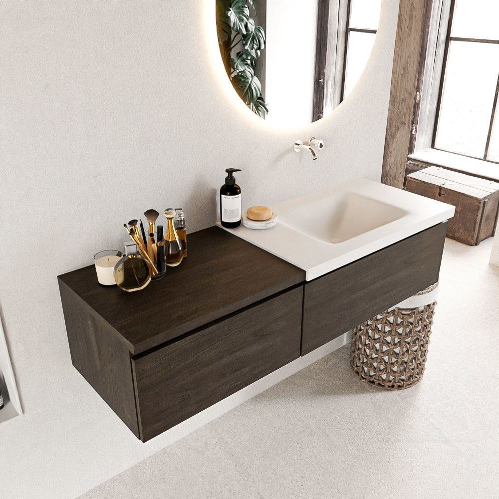 MONDIAZ BUKLA 140cm badmeubel met module 60 kleur Dark Brown met 2 lades. Wastafel CLOUD rechts 0 kraangaten kleur Talc.