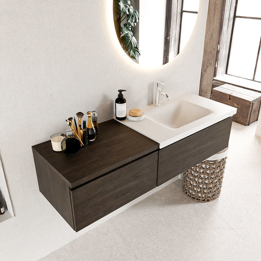 MONDIAZ BUKLA 140cm badmeubel met module 60 kleur Dark Brown met 2 lades. Wastafel CLOUD rechts 1 kraangat kleur Talc.