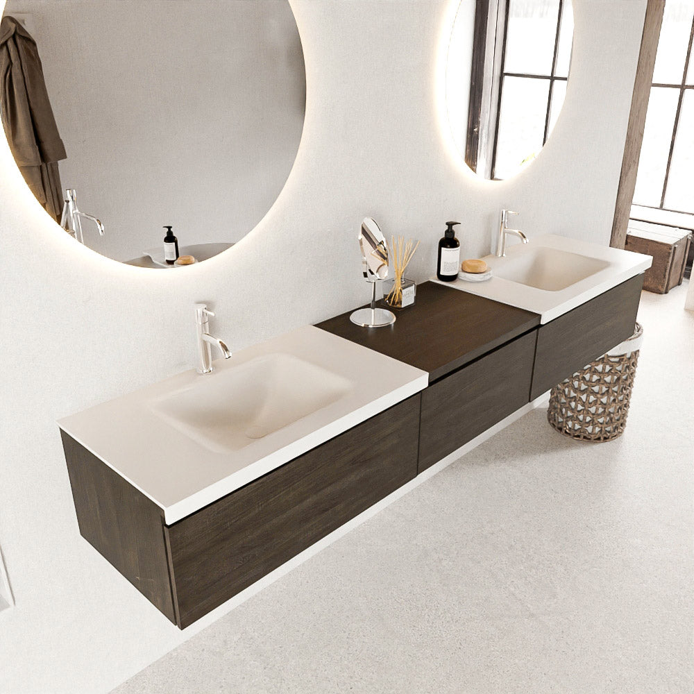 MONDIAZ BUKLA 220cm badmeubel met module 60 kleur Dark Brown met 3 lades. Wastafel CLOUD dubbel 2 kraangaten kleur Talc.