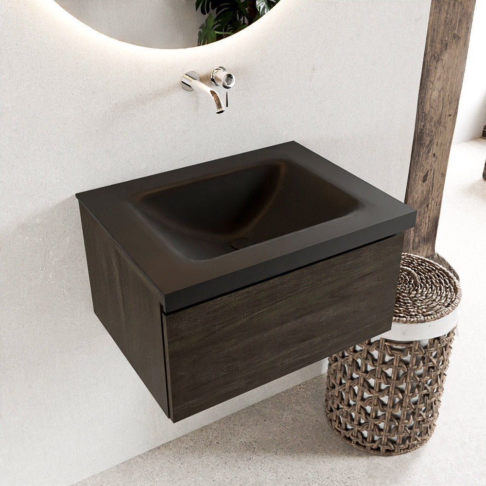 MONDIAZ BUKLA 60cm badmeubel modulair kleur Dark Brown met 1 lade. Wastafel CLOUD midden 0 kraangaten kleur Urban.