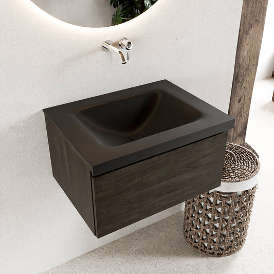 MONDIAZ BUKLA 60cm badmeubel modulair kleur Dark Brown met 1 lade. Wastafel CLOUD midden 0 kraangaten kleur Urban.