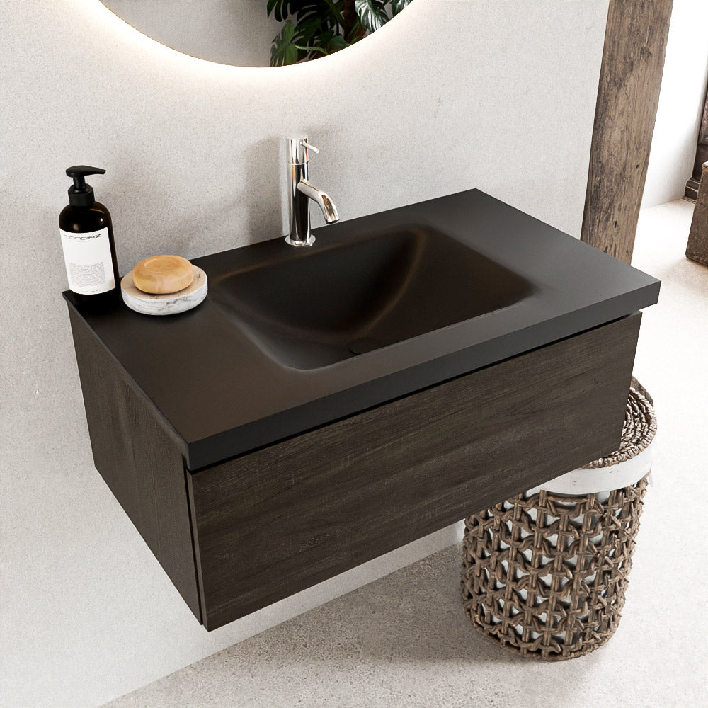 MONDIAZ BUKLA 80cm badmeubel modulair kleur Dark Brown met 1 lade. Wastafel CLOUD midden 1 kraangat kleur Urban.