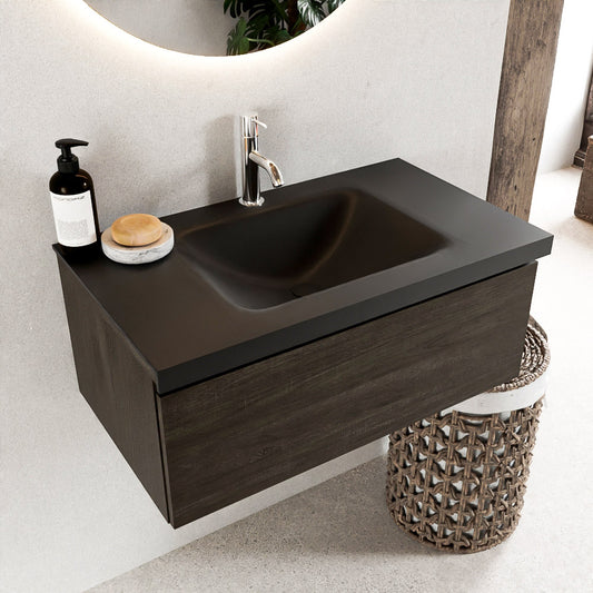 MONDIAZ BUKLA 80cm badmeubel modulair kleur Dark Brown met 1 lade. Wastafel CLOUD midden 1 kraangat kleur Urban.