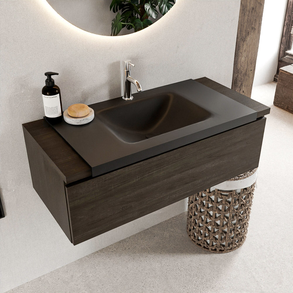 MONDIAZ BUKLA 100cm badmeubel onderkast kleur Dark Brown met 1 lade. Wastafel CLOUD midden 1 kraangat kleur Urban.