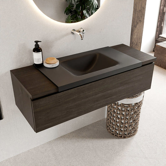 MONDIAZ BUKLA 120cm badmeubel onderkast kleur Dark Brown met 1 lade. Wastafel CLOUD midden 0 kraangaten kleur Urban.