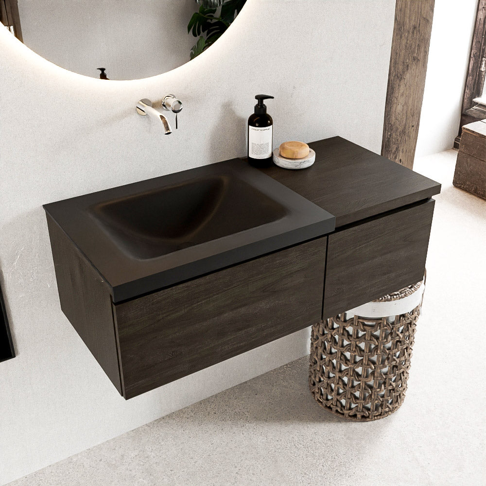 MONDIAZ BUKLA 100cm badmeubel met module 40 kleur Dark Brown met 2 lades. Wastafel CLOUD links 0 kraangaten kleur Urban.