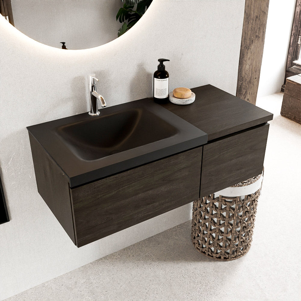 MONDIAZ BUKLA 100cm badmeubel met module 40 kleur Dark Brown met 2 lades. Wastafel CLOUD links 1 kraangat kleur Urban.