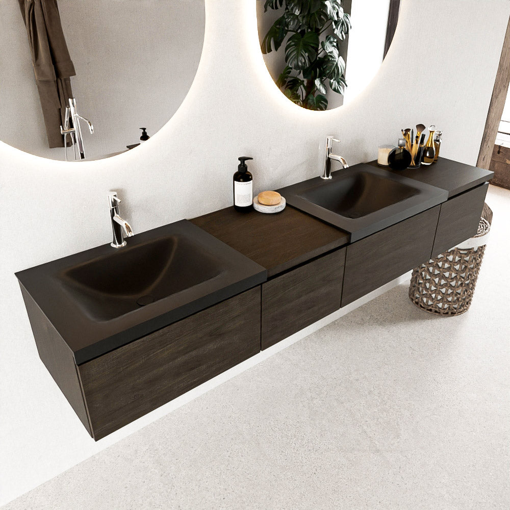 MONDIAZ BUKLA 200cm badmeubel met module 40 links kleur Dark Brown met 4 lades. Wastafel CLOUD dubbel 2 kraangaten kleur Urban.
