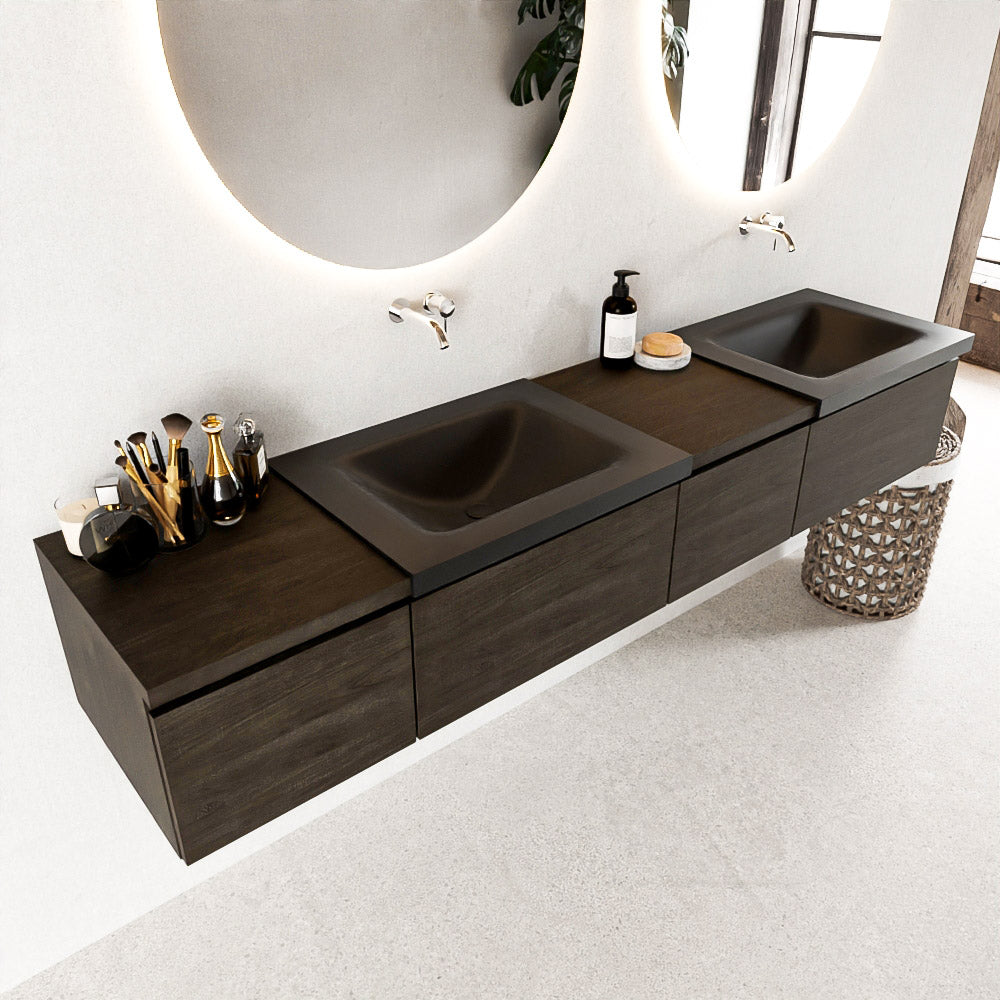 MONDIAZ BUKLA 200cm badmeubel met module 40 rechts kleur Dark Brown met 4 lades. Wastafel CLOUD dubbel 0 kraangaten kleur Urban.