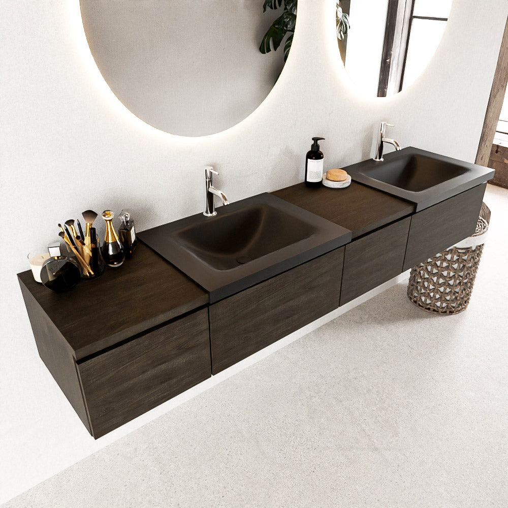 MONDIAZ BUKLA 200cm badmeubel met module 40 rechts kleur Dark Brown met 4 lades. Wastafel CLOUD dubbel 2 kraangaten kleur Urban.