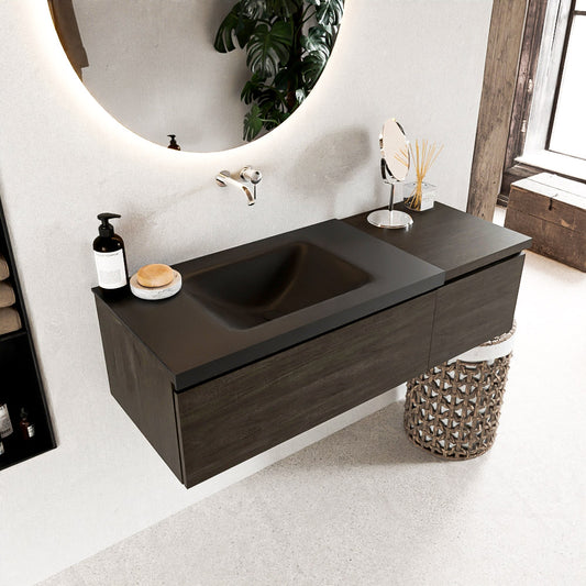 MONDIAZ BUKLA 120cm badmeubel met module 40 kleur Dark Brown met 2 lades. Wastafel CLOUD links 0 kraangaten kleur Urban.