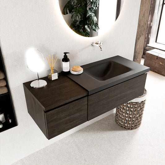 MONDIAZ BUKLA 120cm badmeubel met module 40 kleur Dark Brown met 2 lades. Wastafel CLOUD rechts 0 kraangaten kleur Urban.