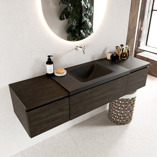 MONDIAZ BUKLA 160cm badmeubel met module 40 kleur Dark Brown met 3 lades. Wastafel CLOUD midden 0 kraangaten kleur Urban.