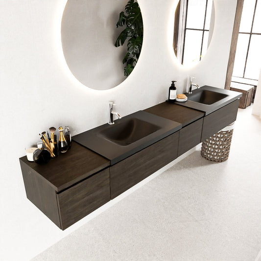 MONDIAZ BUKLA 240cm badmeubel met module 40 rechts kleur Dark Brown met 4 lades. Wastafel CLOUD dubbel 2 kraangaten kleur Urban.