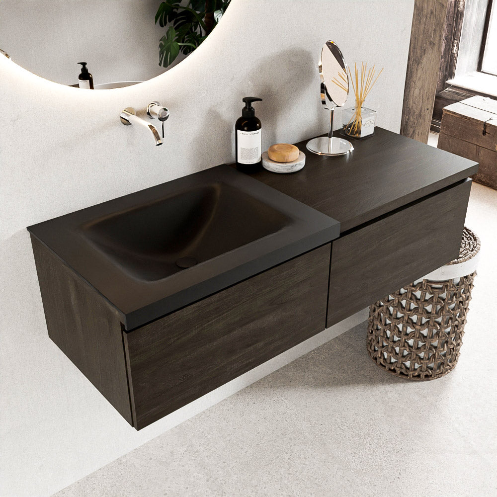 MONDIAZ BUKLA 120cm badmeubel met module 60 kleur Dark Brown met 2 lades. Wastafel CLOUD links 0 kraangaten kleur Urban.