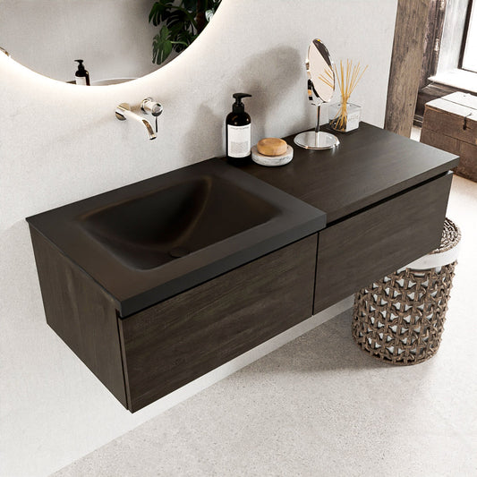 MONDIAZ BUKLA 120cm badmeubel met module 60 kleur Dark Brown met 2 lades. Wastafel CLOUD links 0 kraangaten kleur Urban.