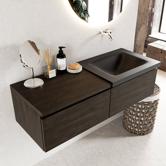 MONDIAZ BUKLA 120cm badmeubel met module 60 kleur Dark Brown met 2 lades. Wastafel CLOUD rechts 0 kraangaten kleur Urban.