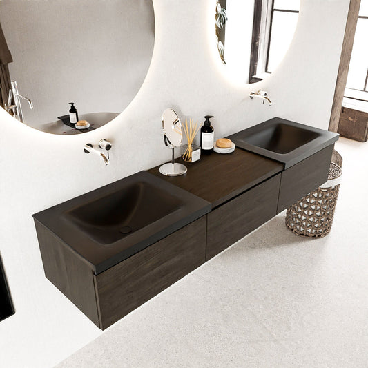 MONDIAZ BUKLA 180cm badmeubel met module 60 kleur Dark Brown met 3 lades. Wastafel CLOUD dubbel 0 kraangaten kleur Urban.