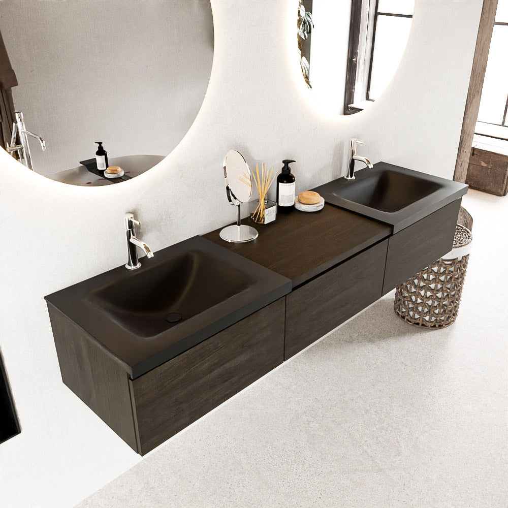 MONDIAZ BUKLA 180cm badmeubel met module 60 kleur Dark Brown met 3 lades. Wastafel CLOUD dubbel 2 kraangaten kleur Urban.