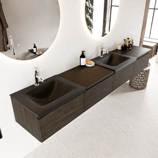 MONDIAZ BUKLA 240cm badmeubel met module 60 rechts kleur Dark Brown met 4 lades. Wastafel CLOUD dubbel 2 kraangaten kleur Urban.